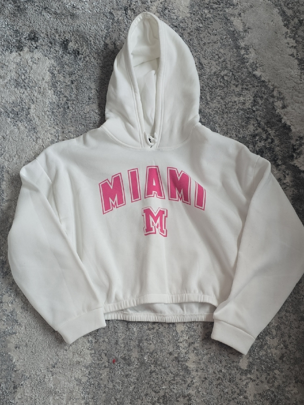 White Cropped Hoodie with Pink MIAMI Graphic